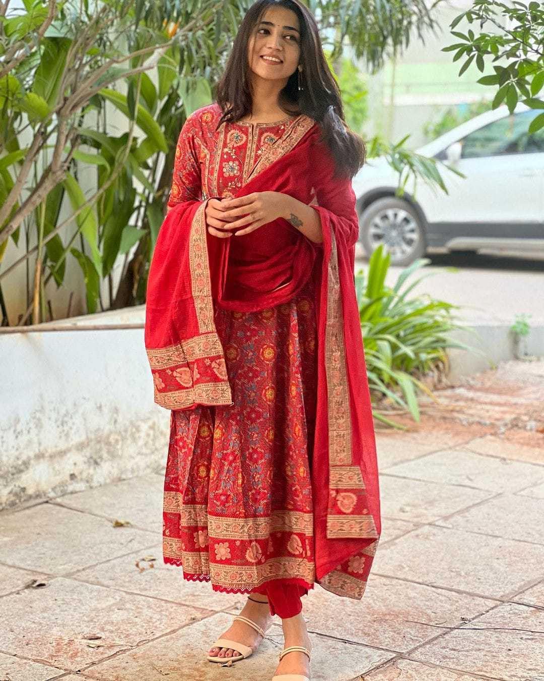 Women's Cotton Anarkali Embroidery red Designer Long Anarkali Kurti With Pant and Dupatta Set (BLACKLUXE CRAFTS) - BLACKLUXECRAFTS