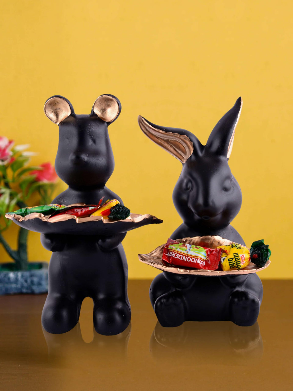 Handmade Resin Animal Candy Holder Set – Black Bunny & Bear Decorative Snack Tray | Modern Home Decor & Tabletop Gift from India (BLACKLUXE CRAFTS) - BLACKLUXECRAFTS