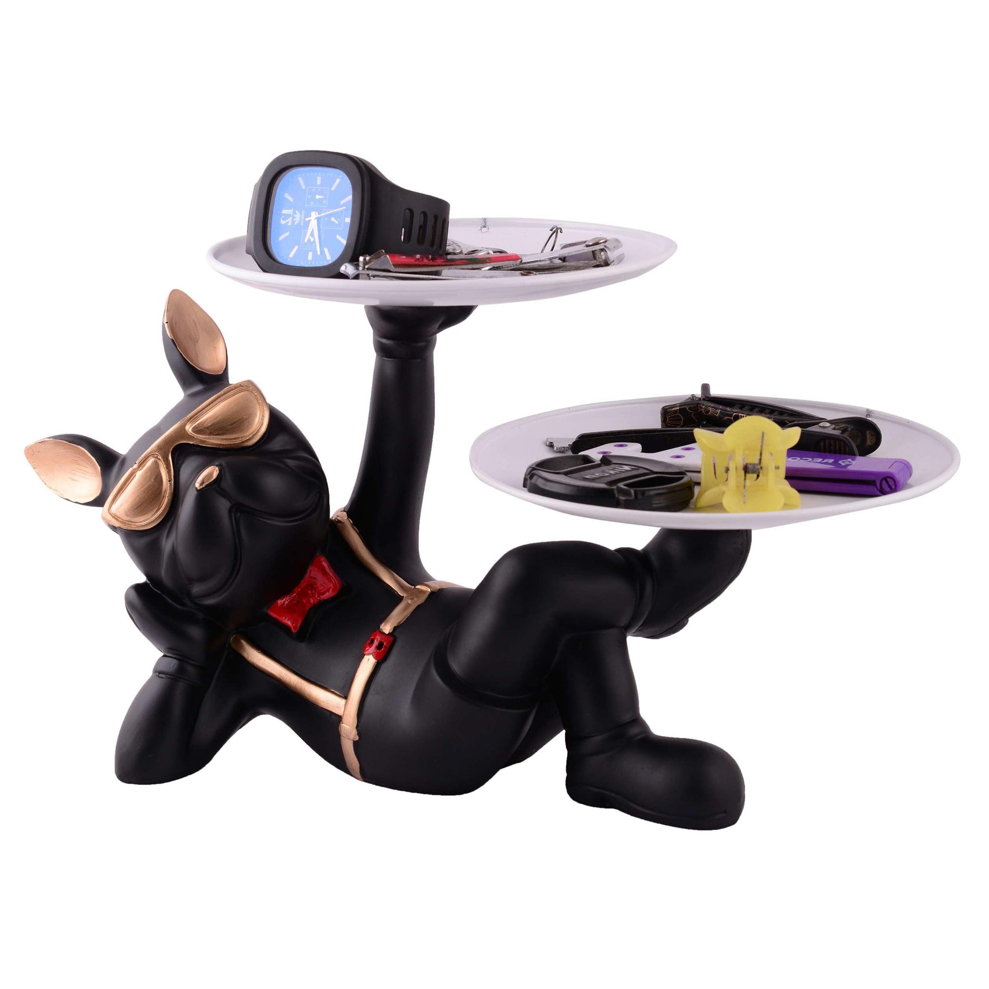 Luxury Bulldog Butler Statue with Dual Tray – Black Resin Dog Figurine for Keys, Watches & Home Décor (BLACKLUXE CRAFTS) - BLACKLUXECRAFTS