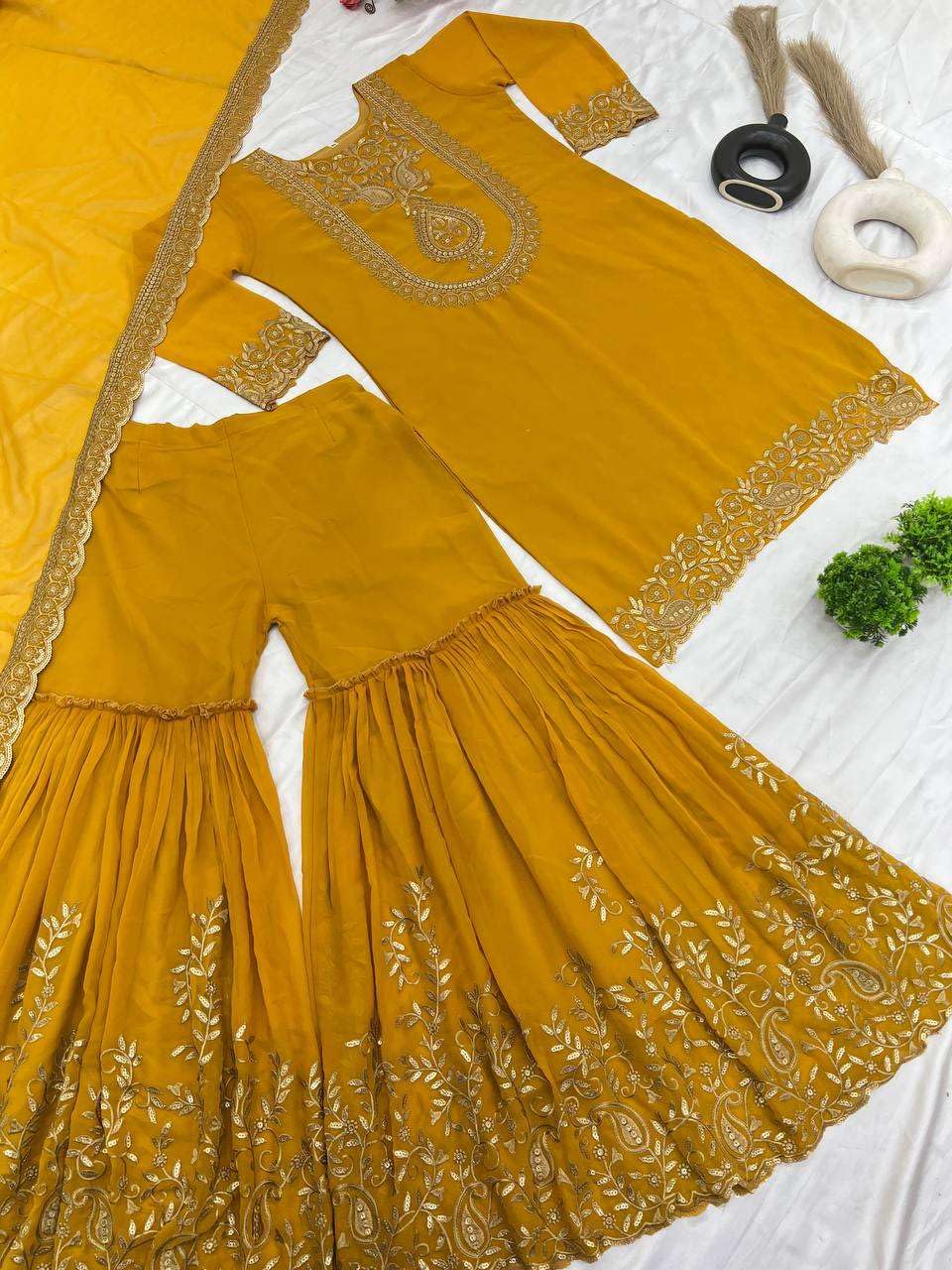 Women's Faux Georgette Ensemble with Embroidery & Sequence Work Kurti With Sharara and Dupatta Set (BLACKLUXE CRAFTS) - BLACKLUXECRAFTS