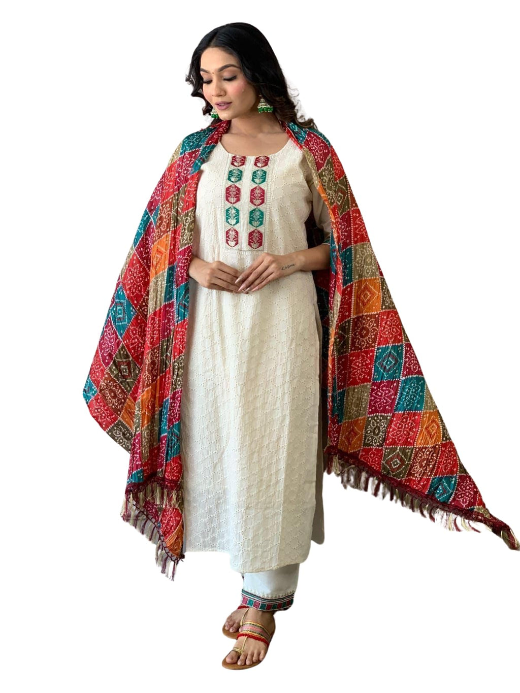 White Cotton Kurta Set with Multicolor Bandhani Dupatta | Indian Pakistani Ethnic Wear for Women (BLACKLUXE CRAFTS) - BLACKLUXECRAFTS