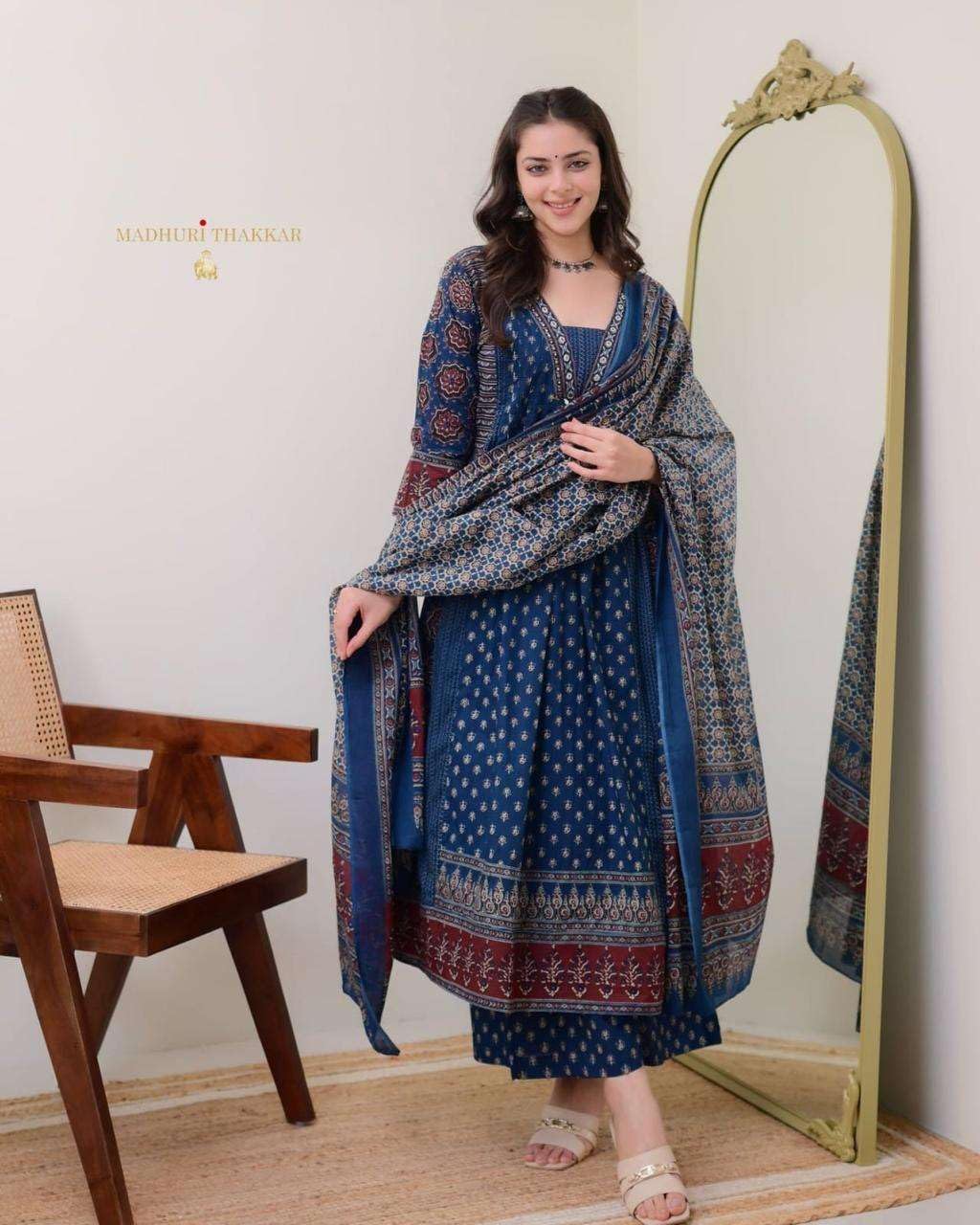 Navy Blue Block Print Cotton Kurta Set with Dupatta – Traditional Indian Ethnic Wear for Women (BLACKLUXE CRAFTS) - BLACKLUXECRAFTS