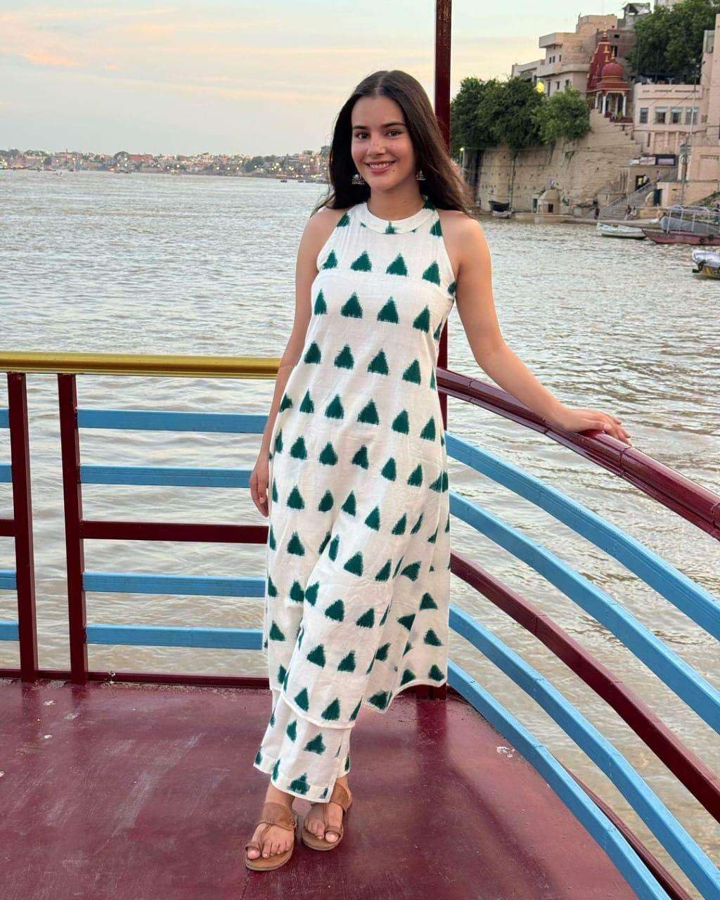 Women’s White Cotton Kurta Set with Green Print – Sleeveless Summer Ethnic Wear with Pants (BLACKLUXE CRAFTS) - BLACKLUXECRAFTS