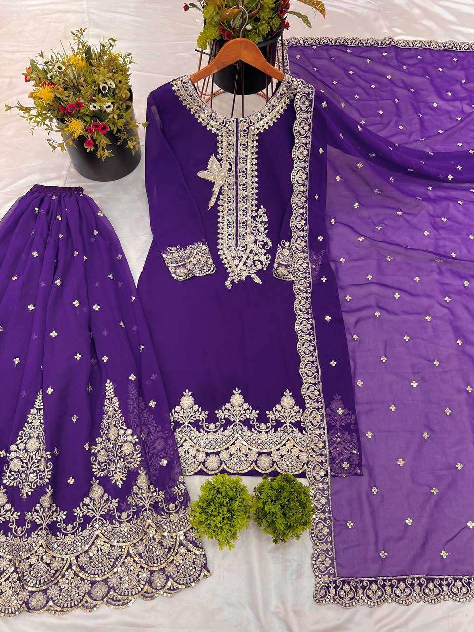 Women's Faux Georgette Embroidered Straight Kurti with Sharara & Dupatta Set (BLACKLUXE CRAFTS) - BLACKLUXECRAFTS
