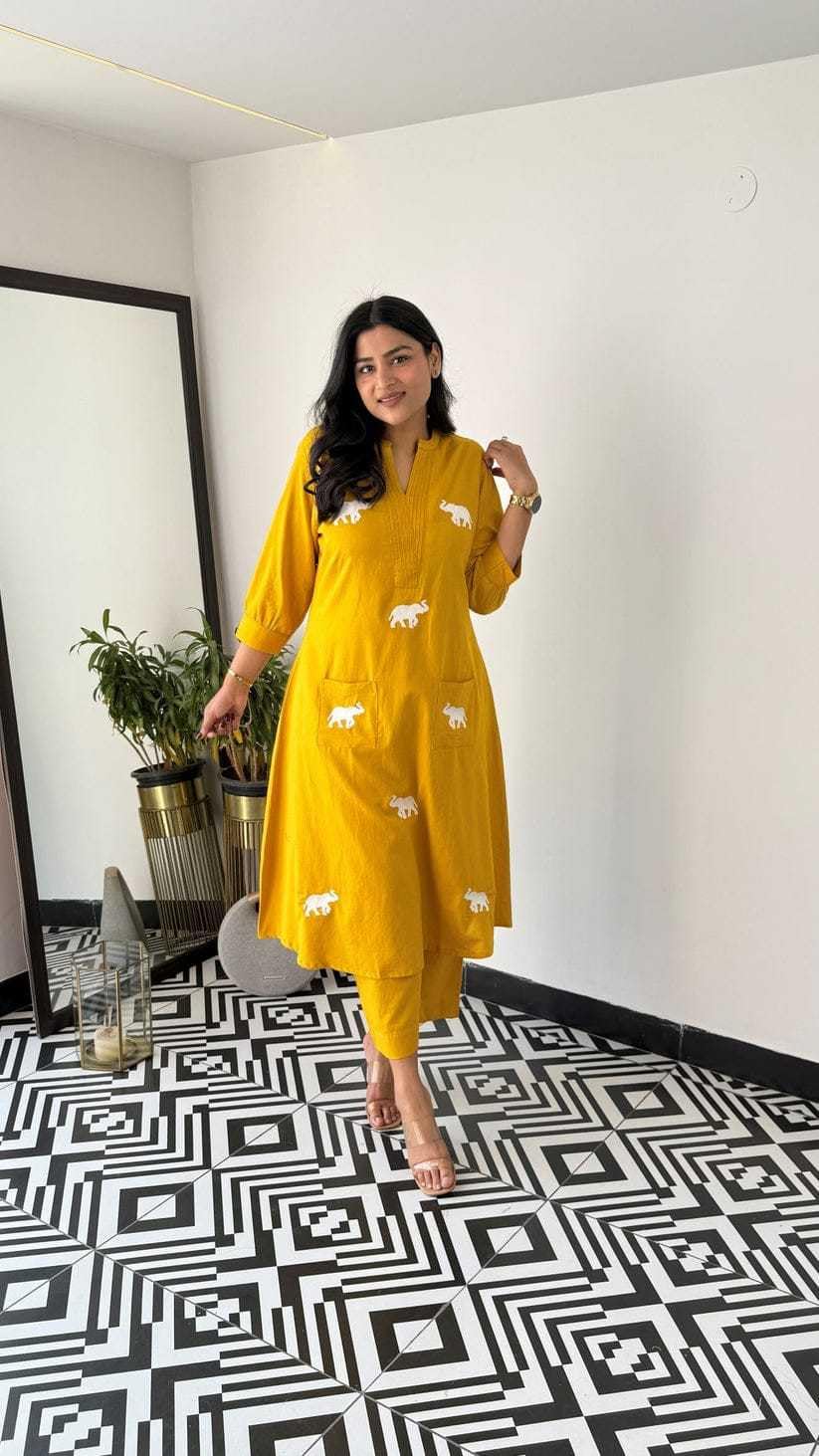 Handmade Cotton Kurta Set with Blue Elephant Embroidery – Casual & Office Wear for Women (BLACKLUXE CRAFTS) - BLACKLUXECRAFTS