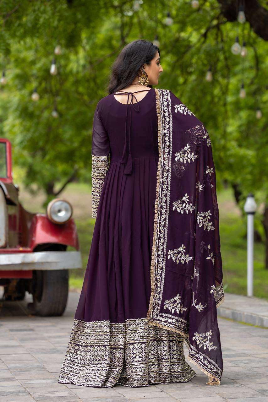Maroon Anarkali Gown with Heavy Golden Embroidery & Dupatta | Designer Indian Pakistani Wedding Dress for Women (BLACKLUXE CRAFTS) - BLACKLUXECRAFTS