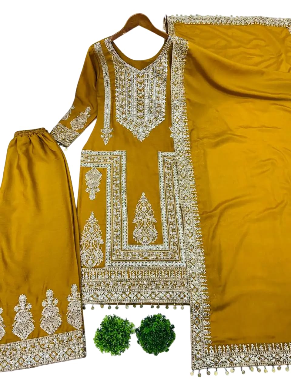 Women's Pure Chinnon Silk Embroidered Straight Kurti with Plazzo and Dupatta Set(BLACKLUXE CRAFTS) - BLACKLUXECRAFTS
