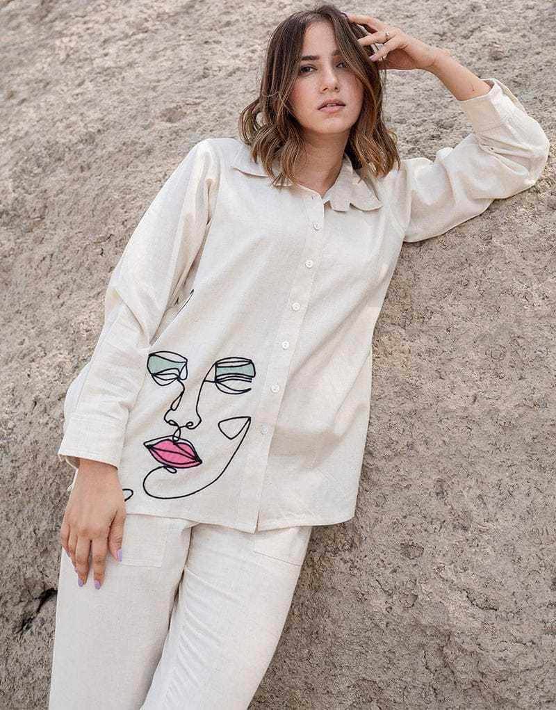 Women’s Off-White Cotton Co-Ord Set – Long Sleeve Shirt with Abstract Face Print & Straight Pants (BLACKLUXE CRAFTS) - BLACKLUXECRAFTS