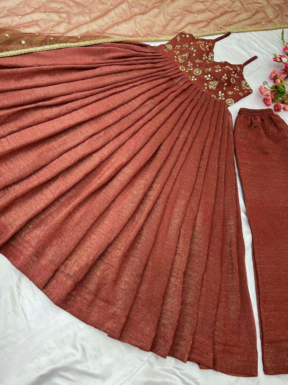 Women's Fandy Silk Embroidered Anarkali Sleeveless Kurti (Gown) With Pant and Twill Net Dupatta (BLACKLUXE CRAFTS) - BLACKLUXECRAFTS