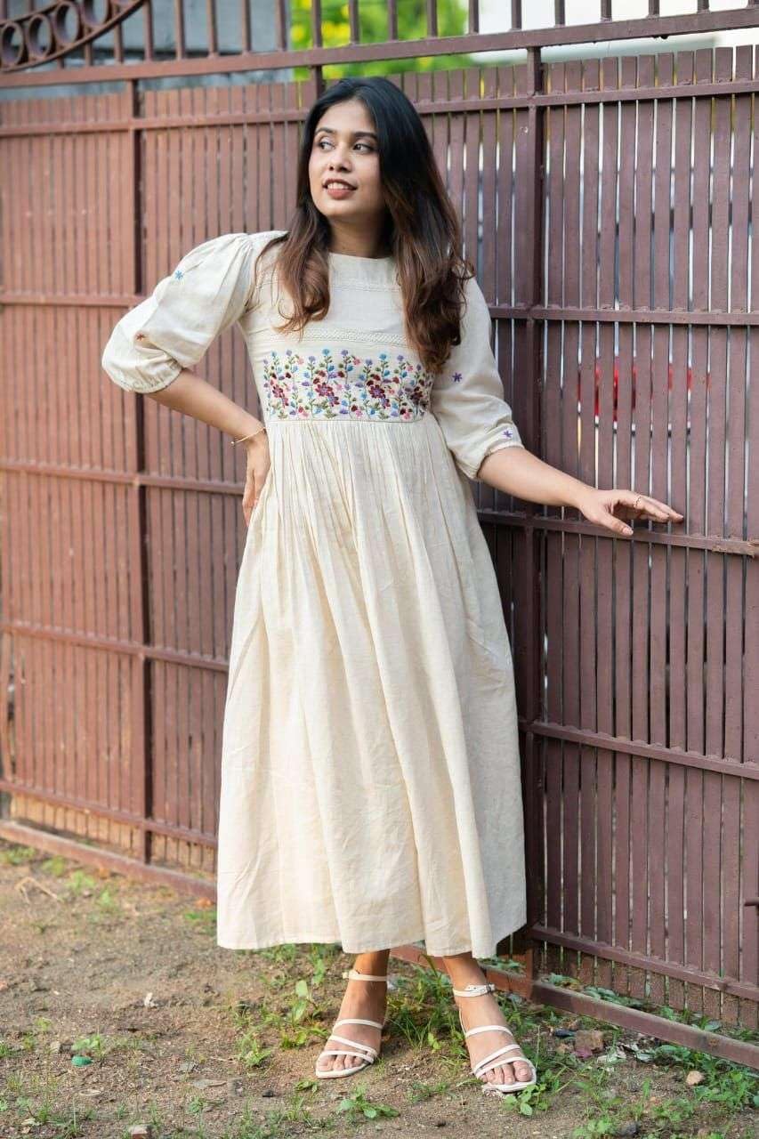 Cream Cotton Embroidered Dress – Handcrafted Floral Boho Ethnic Wear for Women (BLACKLUXE CRAFTS) - BLACKLUXECRAFTS
