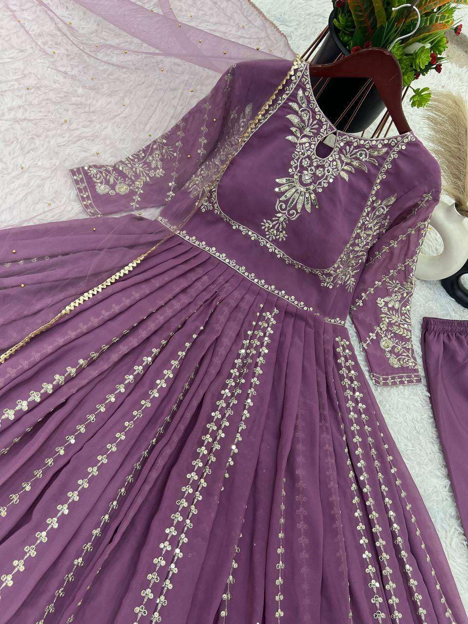 Women's Faux Georgette Embroidered Sequence Work Anarkali Kurti Gown with Net Dupatta (BLACKLUXE CRAFTS) - BLACKLUXECRAFTS