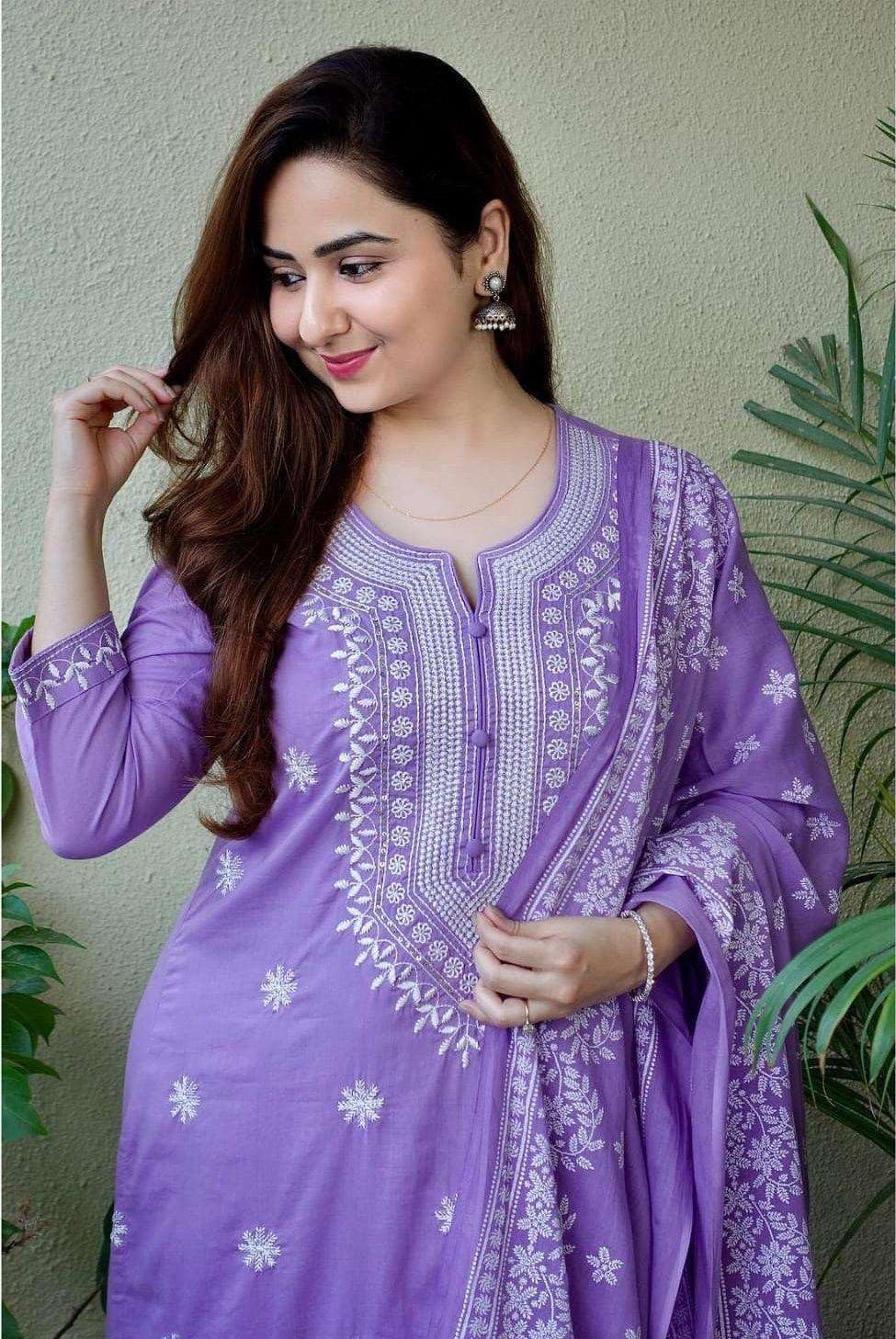 Elegant Lavender Cotton Anarkali Kurta Set with Dupatta – Hand Embroidered Ethnic Wear for Women (BLACKLUXE CRAFTS) - BLACKLUXECRAFTS
