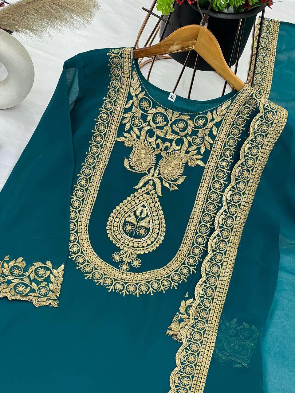 Women's Faux Georgette Ensemble with Embroidery & Sequence Work Kurti With Sharara and Dupatta Set (BLACKLUXE CRAFTS) - BLACKLUXECRAFTS