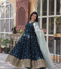 Navy Blue Anarkali Gown with Golden Embroidery & Sky Blue Dupatta | Party Wear Indian Dress for Women (BLACKLUXE CRAFTS) - BLACKLUXECRAFTS