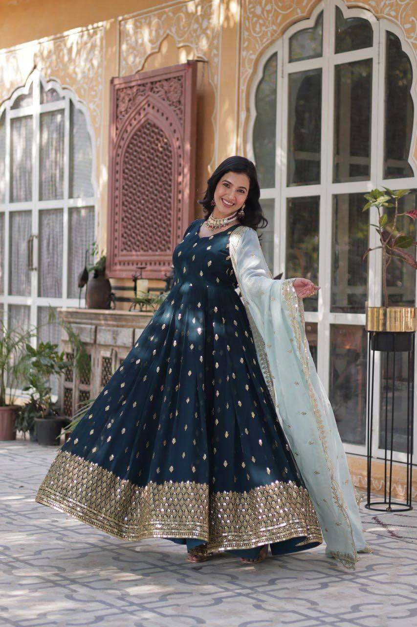 Navy Blue Anarkali Gown with Golden Embroidery & Sky Blue Dupatta | Party Wear Indian Dress for Women (BLACKLUXE CRAFTS) - BLACKLUXECRAFTS