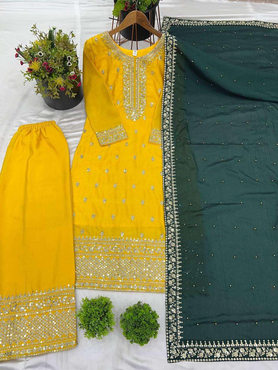 Women's Chinnon Silk Embroidered Straight Kurti With Pants and Dupatta Set (BLACKLUXE CRAFTS) - BLACKLUXECRAFTS