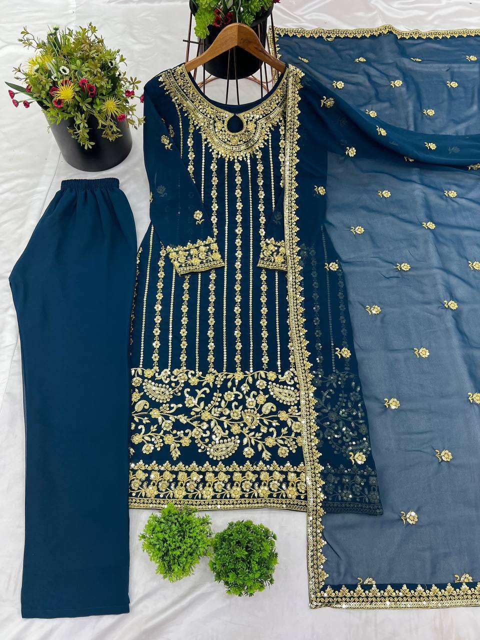 Teal Blue Straight Suit with Heavy Golden Embroidery & Dupatta | Designer Indian Pakistani Party Wear Dress for Women (BLACKLUXE CRAFTS) - BLACKLUXECRAFTS