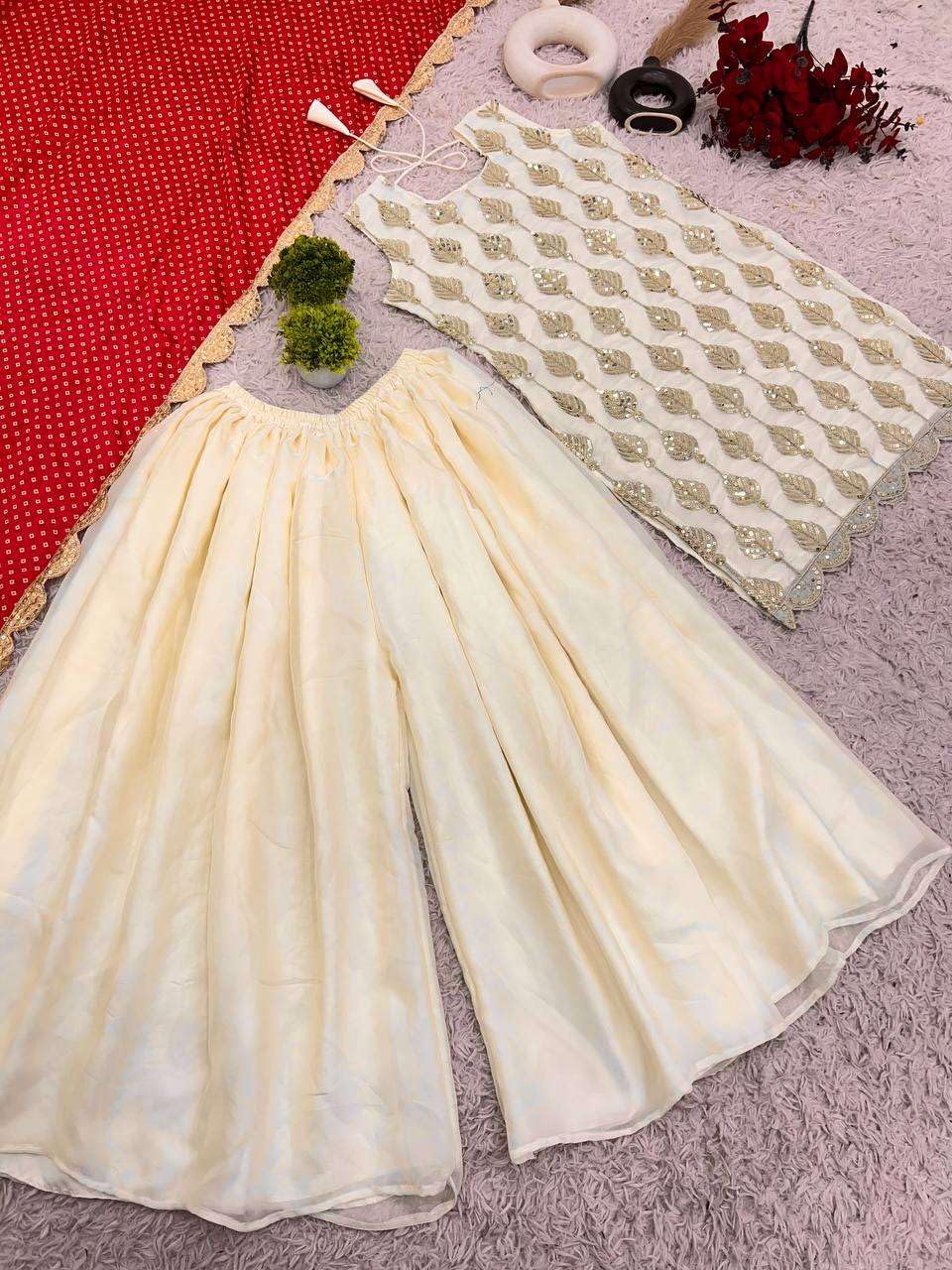 Cream Golden Embroidered Sharara Suit with Red Dupatta – Wedding Party Wear Indian Ethnic Outfit for Women
(BLACKLUXE CRAFTS) - BLACKLUXECRAFTS