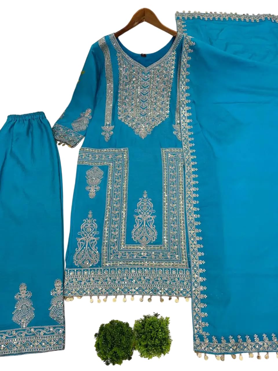 Women's Pure Chinnon Silk Embroidered Straight Kurti with Plazzo and Dupatta Set(BLACKLUXE CRAFTS) - BLACKLUXECRAFTS