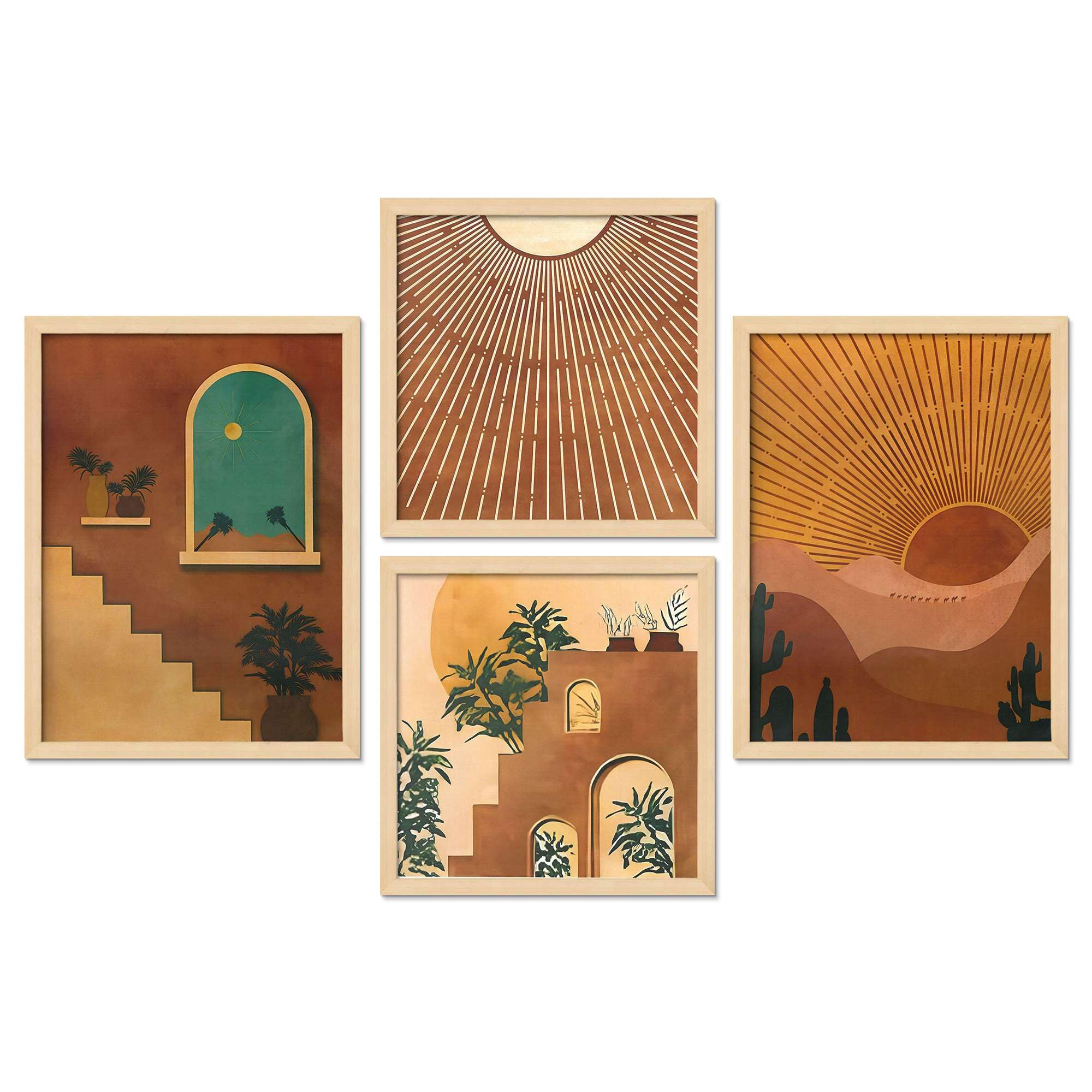 Boho Sunset Wall Art Set – Terracotta Abstract Sun & Stairs Canvas Prints | Minimalist Modern Home Décor for Living Room, Bedroom & Office | Handmade in India ( 36X24 Inches ) (BLACKLUXE CRAFTS) - BLACKLUXECRAFTS