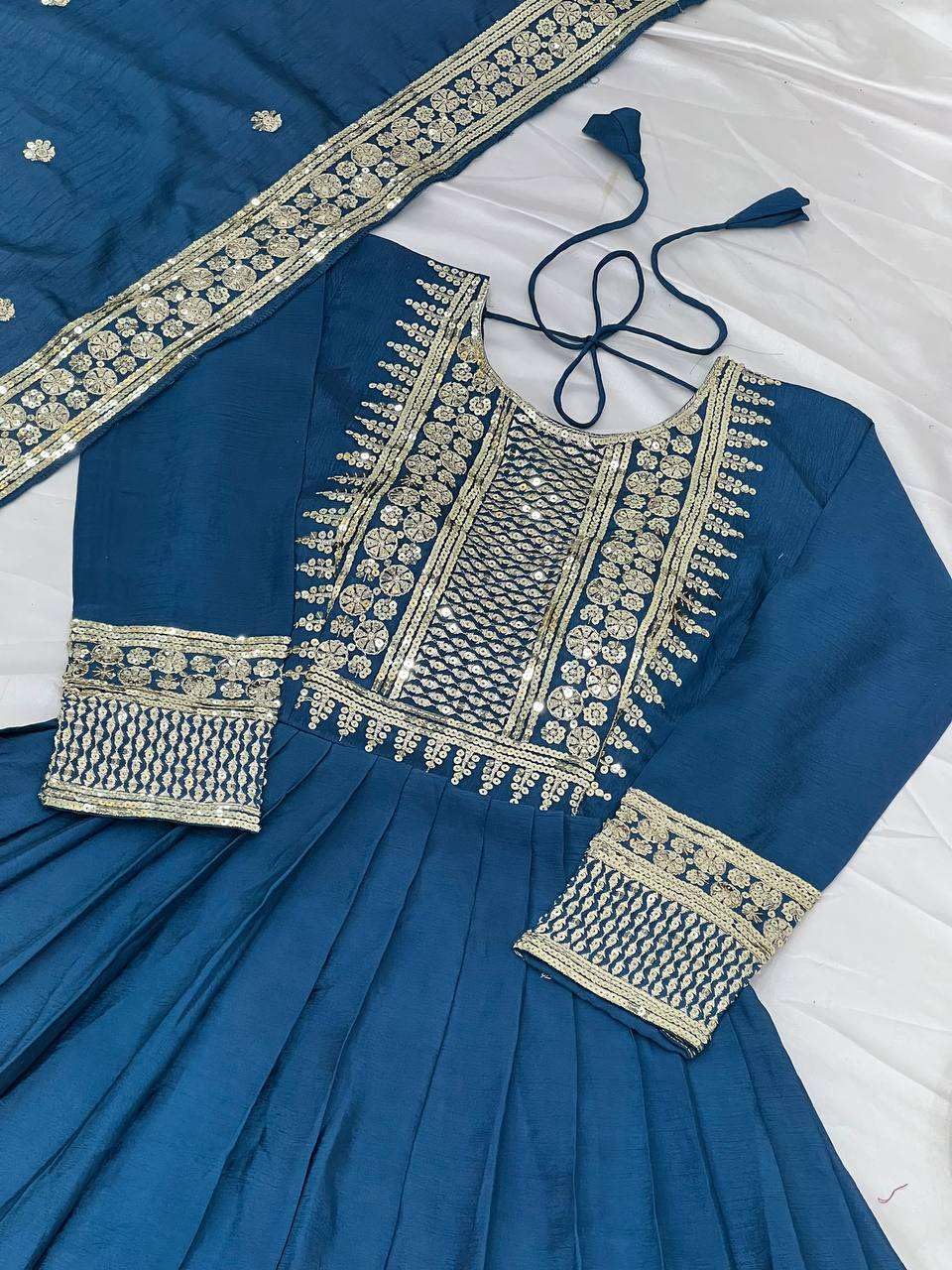 Teal Blue Mirror Embroidered Anarkali Suit with Dupatta – Designer Indian Wedding & Festive Wear Outfit (BLACKLUXE CRAFTS) - BLACKLUXECRAFTS
