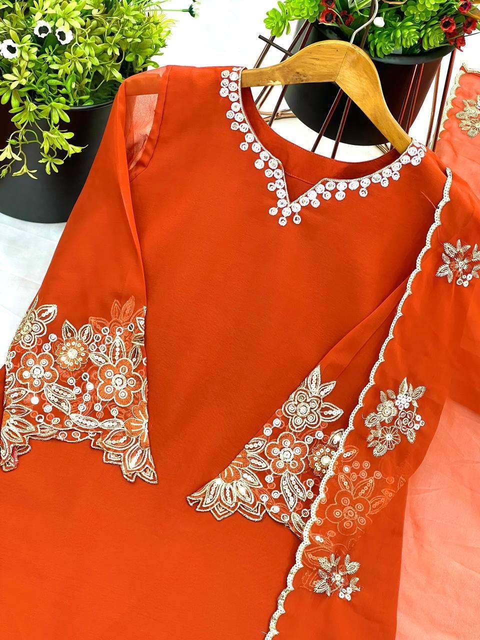 Women’s Georgette Embroidered Kurta with Plazzo and Dupatta Set (BLACKLUXE CRAFTS) - BLACKLUXECRAFTS