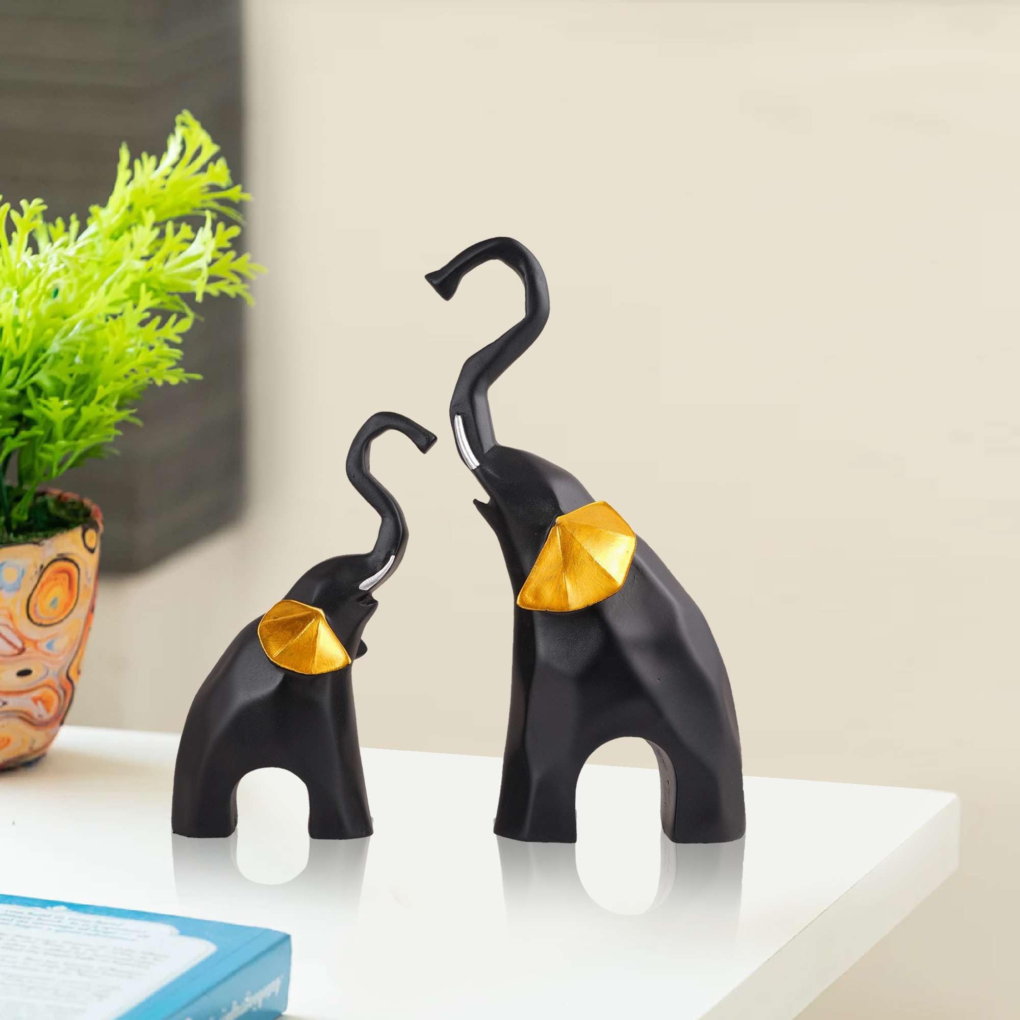Modern Black & Gold Elephant Figurine Set – Handmade Resin Elephant Statues for Good Luck, Feng Shui & Home Décor (Set Of 2) (BLACKLUXE CRAFTS) - BLACKLUXECRAFTS