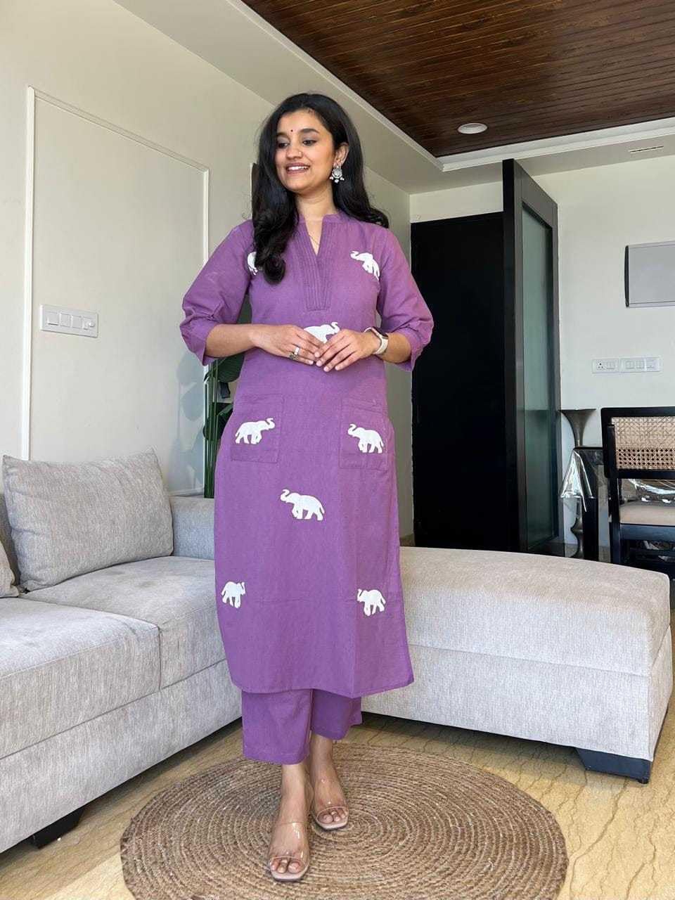 Handmade Cotton Kurta Set with Blue Elephant Embroidery – Casual & Office Wear for Women (BLACKLUXE CRAFTS) - BLACKLUXECRAFTS