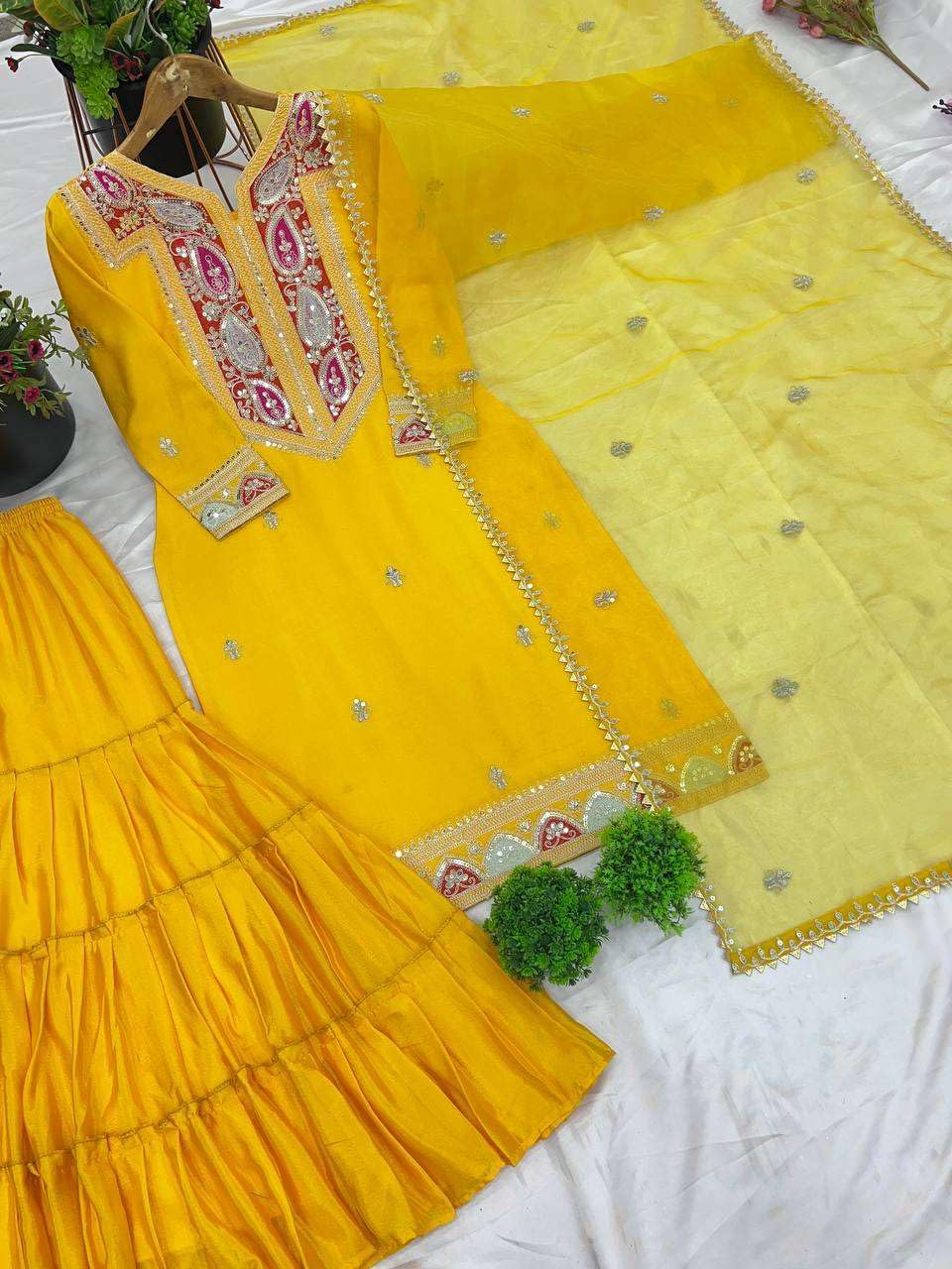 Mustard Yellow Silk Sharara Suit with Embroidered Neckline & Dupatta | Festive & Wedding Wear (BLACKLUXE CRAFTS) - BLACKLUXECRAFTS