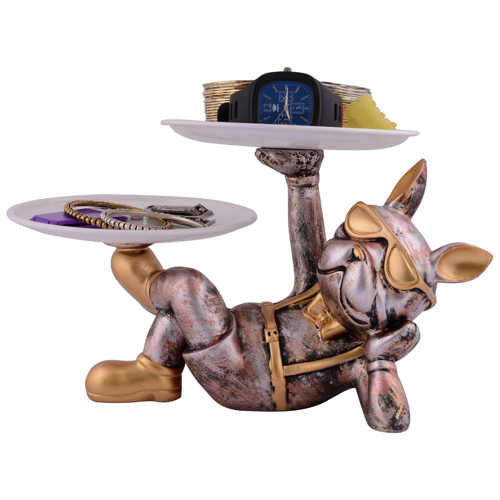 Vintage Bulldog Figurine Jewelry & Watch Holder – Resin Dog Statue with Sunglasses, Double Tray Decorative Storage for Home Décor (BLACKLUXE CRAFTS) - BLACKLUXECRAFTS