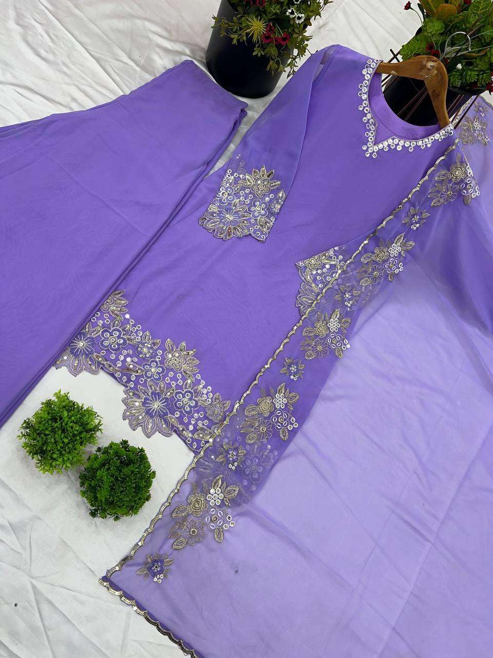 Women’s Georgette Embroidered Kurta with Plazzo and Dupatta Set (BLACKLUXE CRAFTS) - BLACKLUXECRAFTS