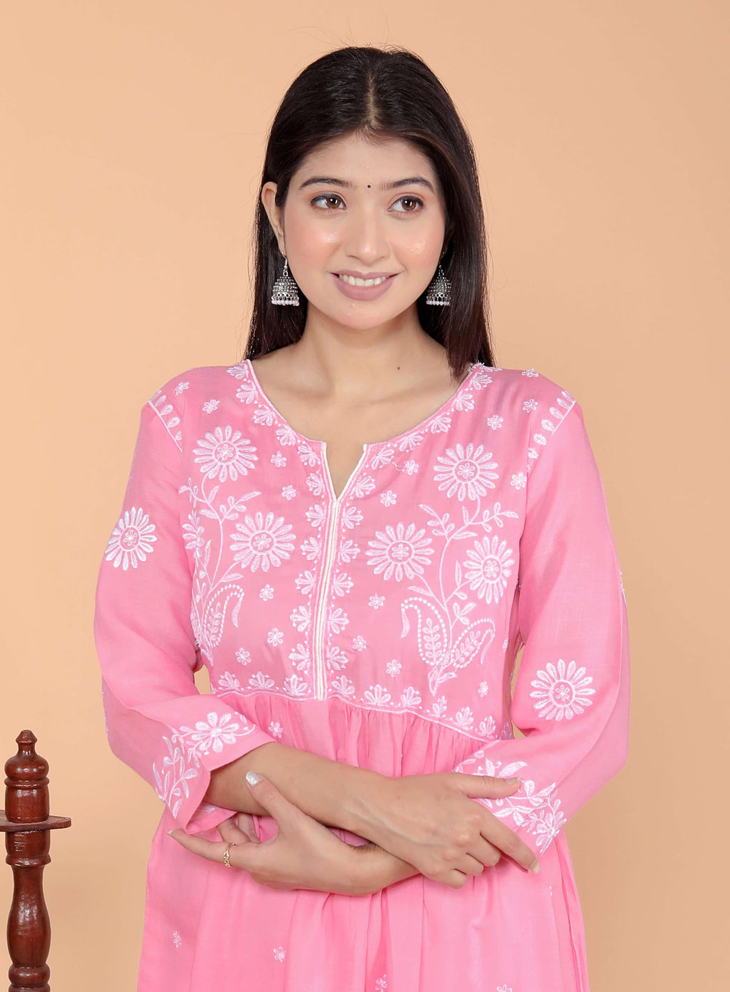 Women's Rayon Embroidered vcut Collar Anarkali Kurti with Pant (Pink) (BLACKLUXE CRAFTS) - BLACKLUXECRAFTS