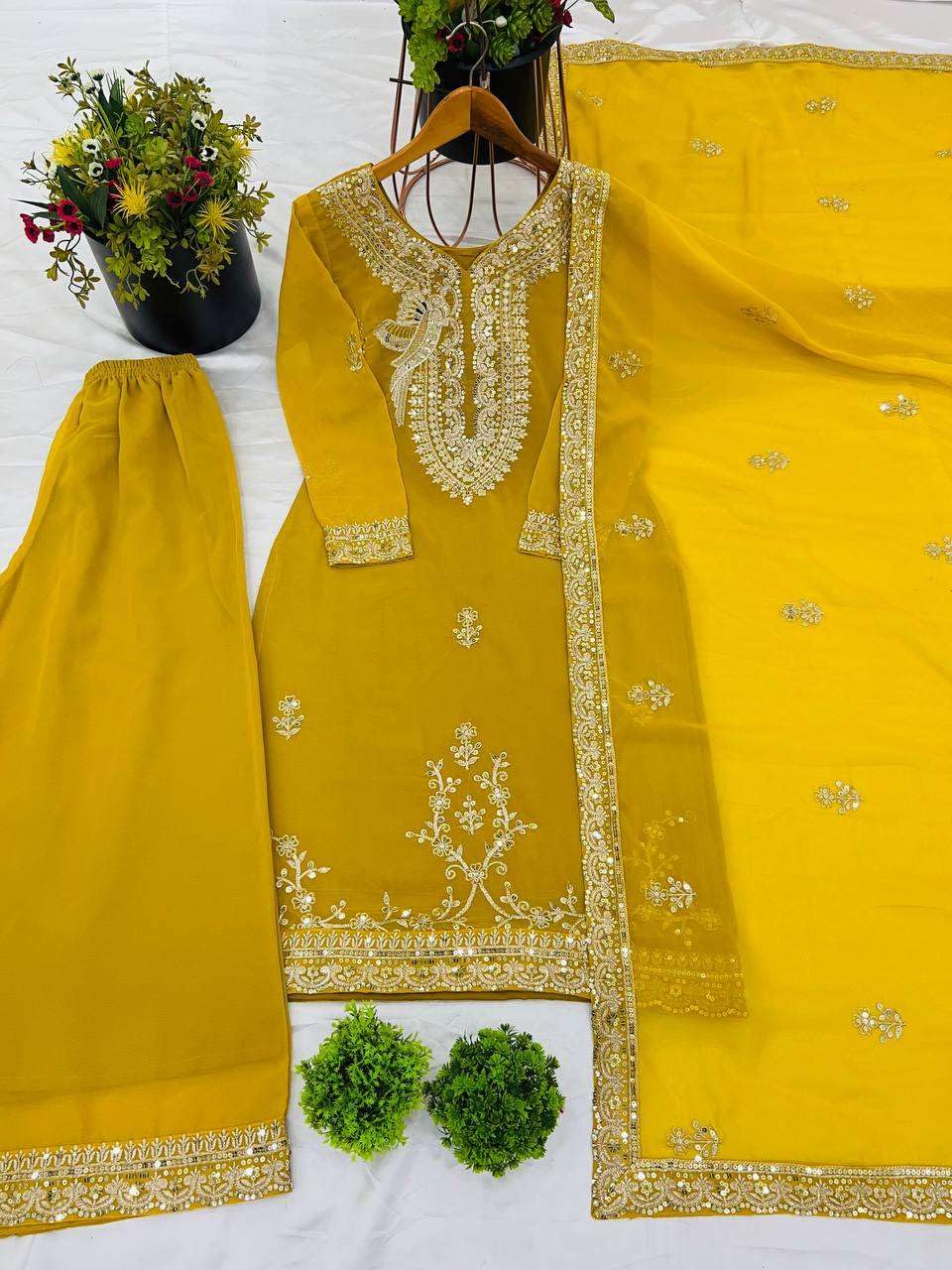 Women's Faux Georgette Embroidered Straight Kurti with Palazzo & Dupatta Set (BLACKLUXE CRAFTS) - BLACKLUXECRAFTS
