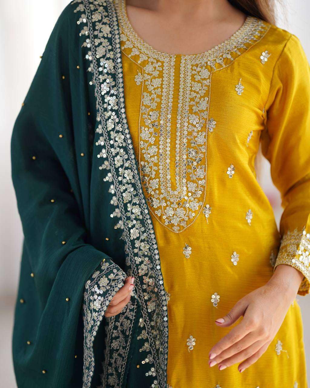 Women's Chinnon Silk Embroidered Straight Kurti With Pants and Dupatta Set (BLACKLUXE CRAFTS) - BLACKLUXECRAFTS