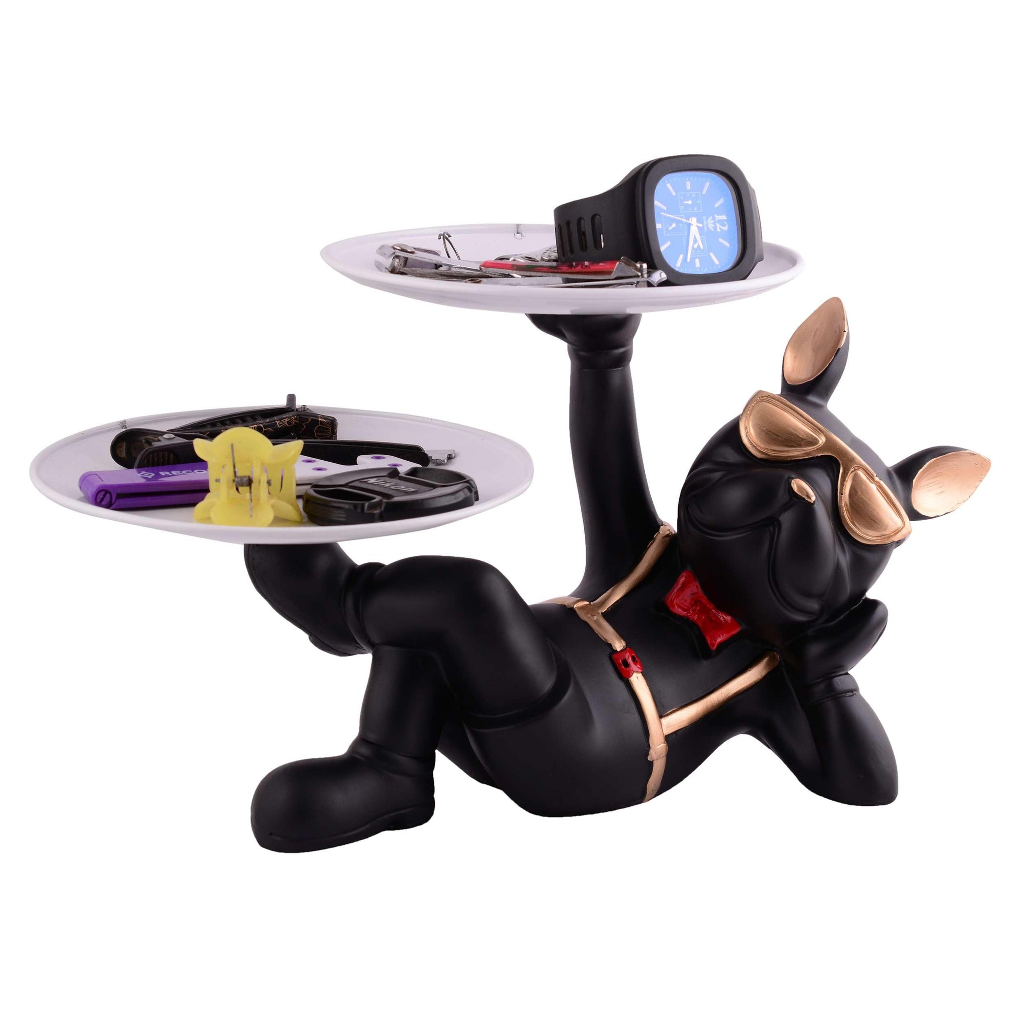 Luxury Bulldog Butler Statue with Dual Tray – Black Resin Dog Figurine for Keys, Watches & Home Décor (BLACKLUXE CRAFTS) - BLACKLUXECRAFTS