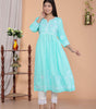 Women's Rayon Embroidered vcut Collar Anarkali Kurti with Pant (Sky Blue) (BLACKLUXE CRAFTS) - BLACKLUXECRAFTS