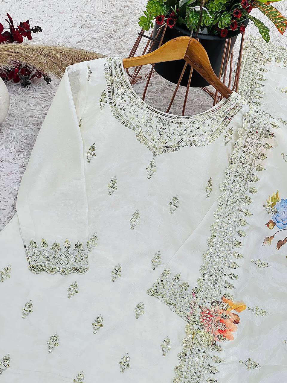 Women's Chinnon Silk Embroidered Straight Kurti with Pant & Dupatta Set (BLACKLUXE CRAFTS) - BLACKLUXECRAFTS