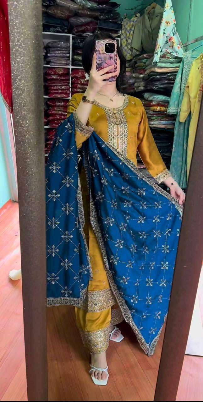 Women's Chinnon Silk Embroidered Straight Kurti with Pant & Dupatta Set (BLACKLUXE CRAFTS) - BLACKLUXECRAFTS