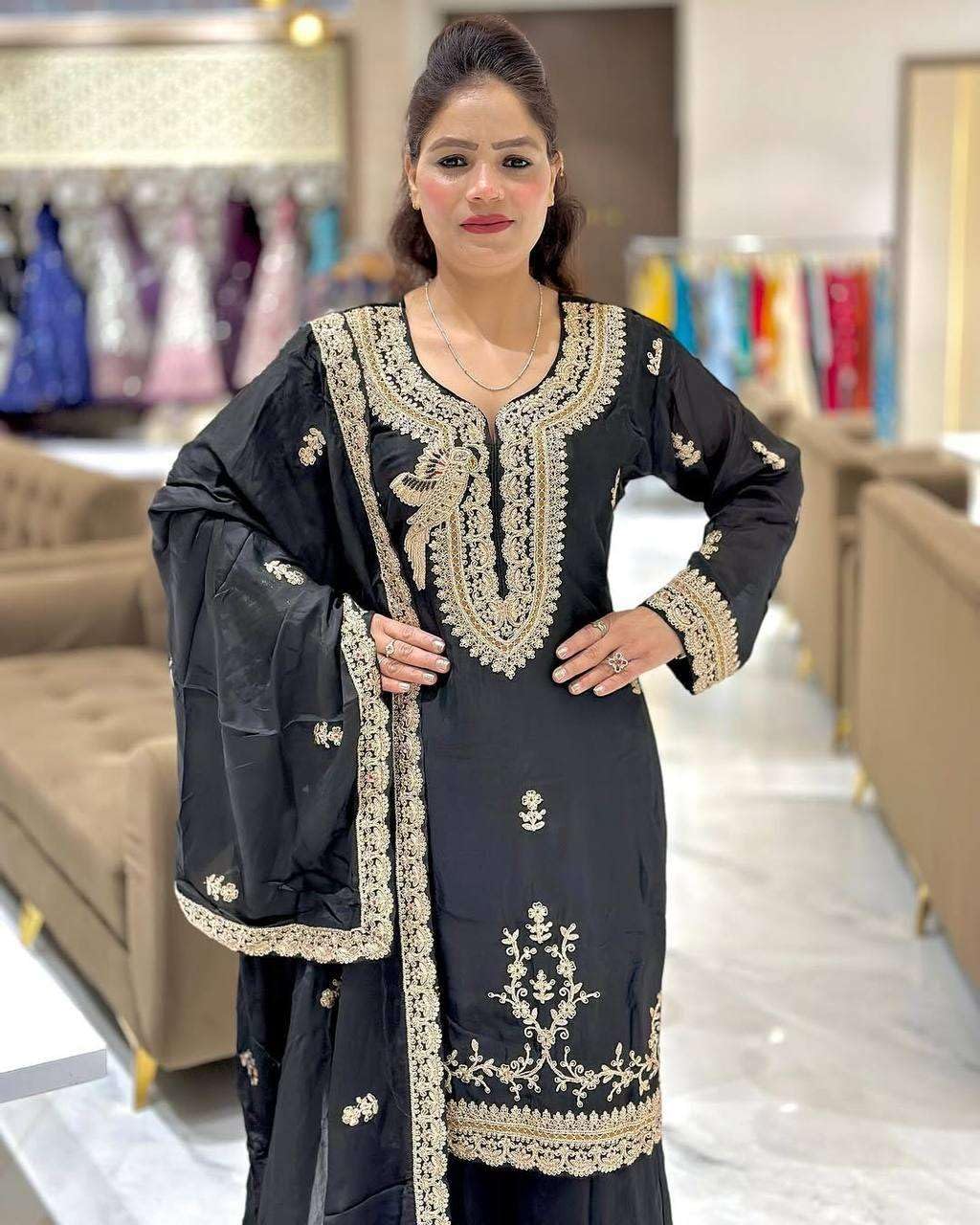 Women's Faux Georgette Embroidered Straight Kurti with Palazzo & Dupatta Set (BLACKLUXE CRAFTS) - BLACKLUXECRAFTS