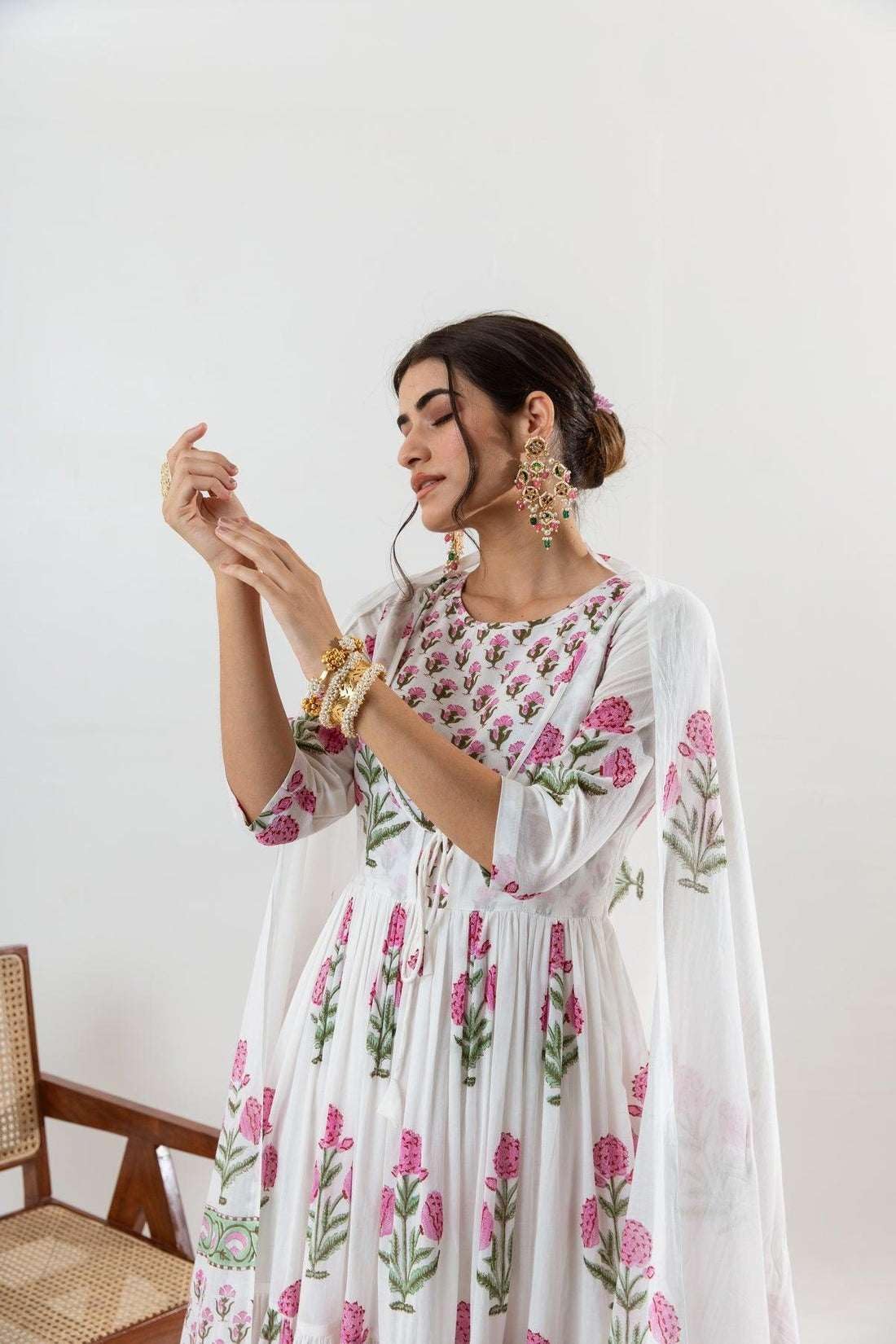 Women's Cotton Floral Printed Long Anarkali Kurti with Pant and Dupatta - BLACKLUXECRAFTS