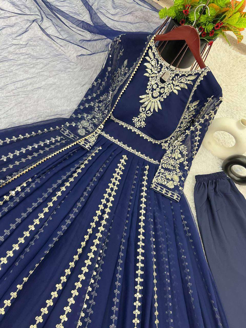 Women's Faux Georgette Embroidered Sequence Work Anarkali Kurti Gown with Net Dupatta (BLACKLUXE CRAFTS) - BLACKLUXECRAFTS