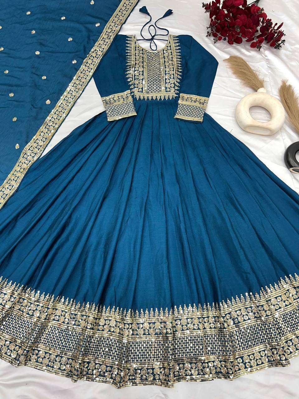 Teal Blue Mirror Embroidered Anarkali Suit with Dupatta – Designer Indian Wedding & Festive Wear Outfit (BLACKLUXE CRAFTS) - BLACKLUXECRAFTS