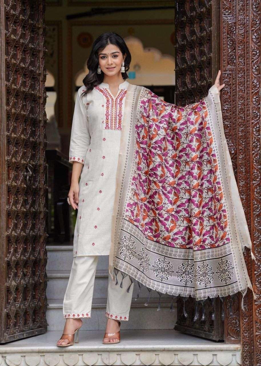 Women's Cotton Embroidered Straight Kurti With Pant and Dupatta Set (BLACKLUXE CRAFTS) - BLACKLUXECRAFTS