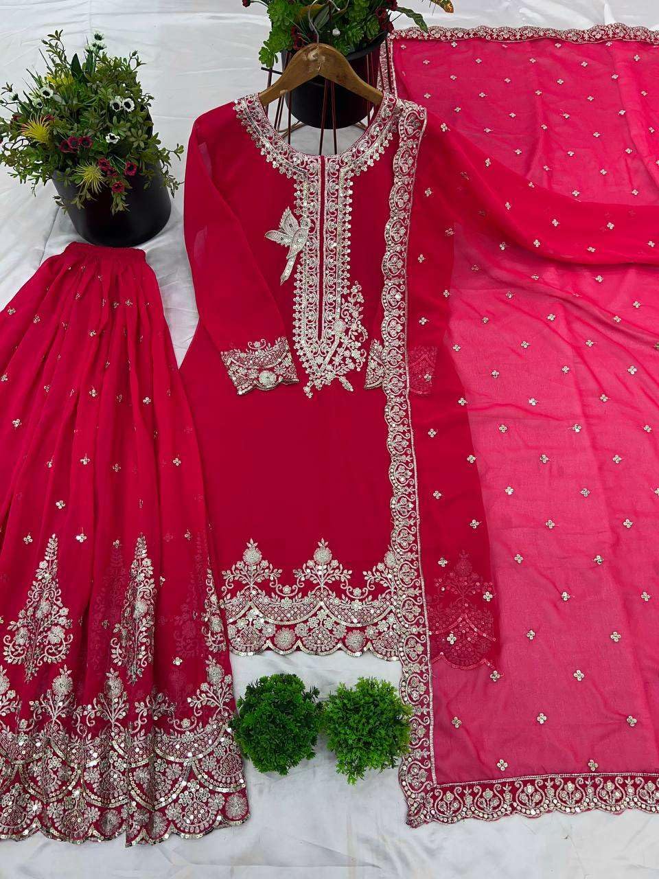 Women's Faux Georgette Embroidered Straight Kurti with Sharara & Dupatta Set (BLACKLUXE CRAFTS) - BLACKLUXECRAFTS