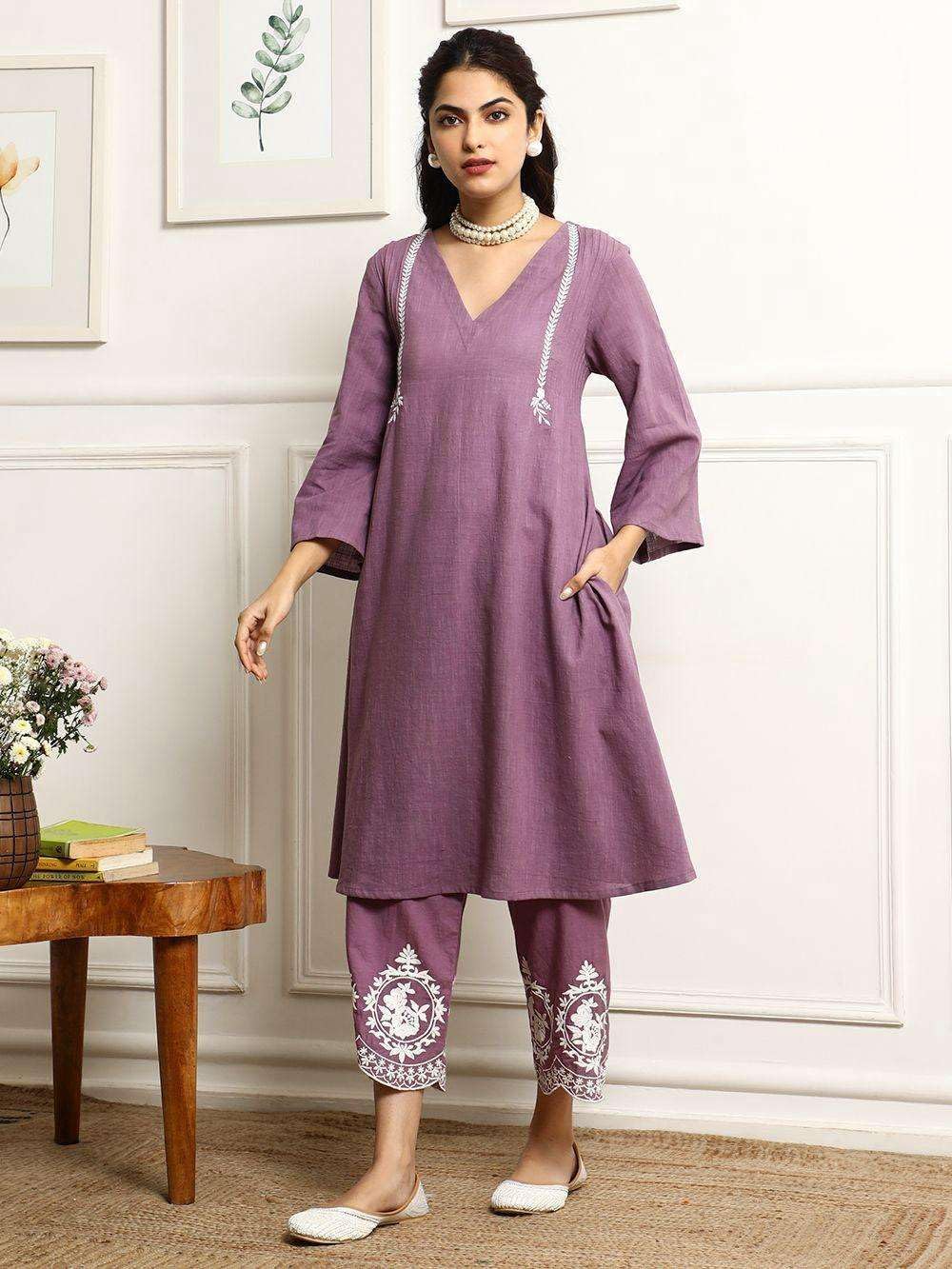 Lavender Cotton Kurta Pant Set with Striped Dupatta – Elegant Embroidered Ethnic Wear for Women (BLACKLUXE CRAFTS) - BLACKLUXECRAFTS