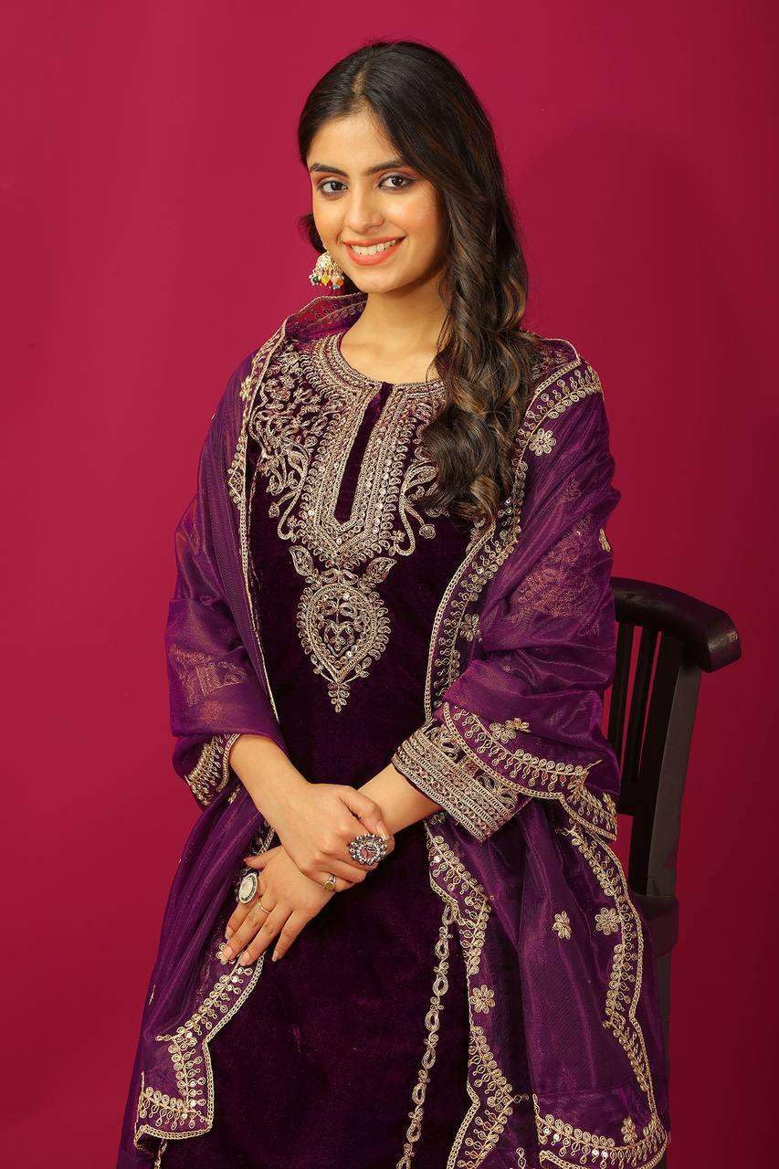 Maroon Velvet Straight Suit with Heavy Golden Embroidery & Net Dupatta | Party & Wedding Wear (BLACKLUXE CRAFTS) - BLACKLUXECRAFTS