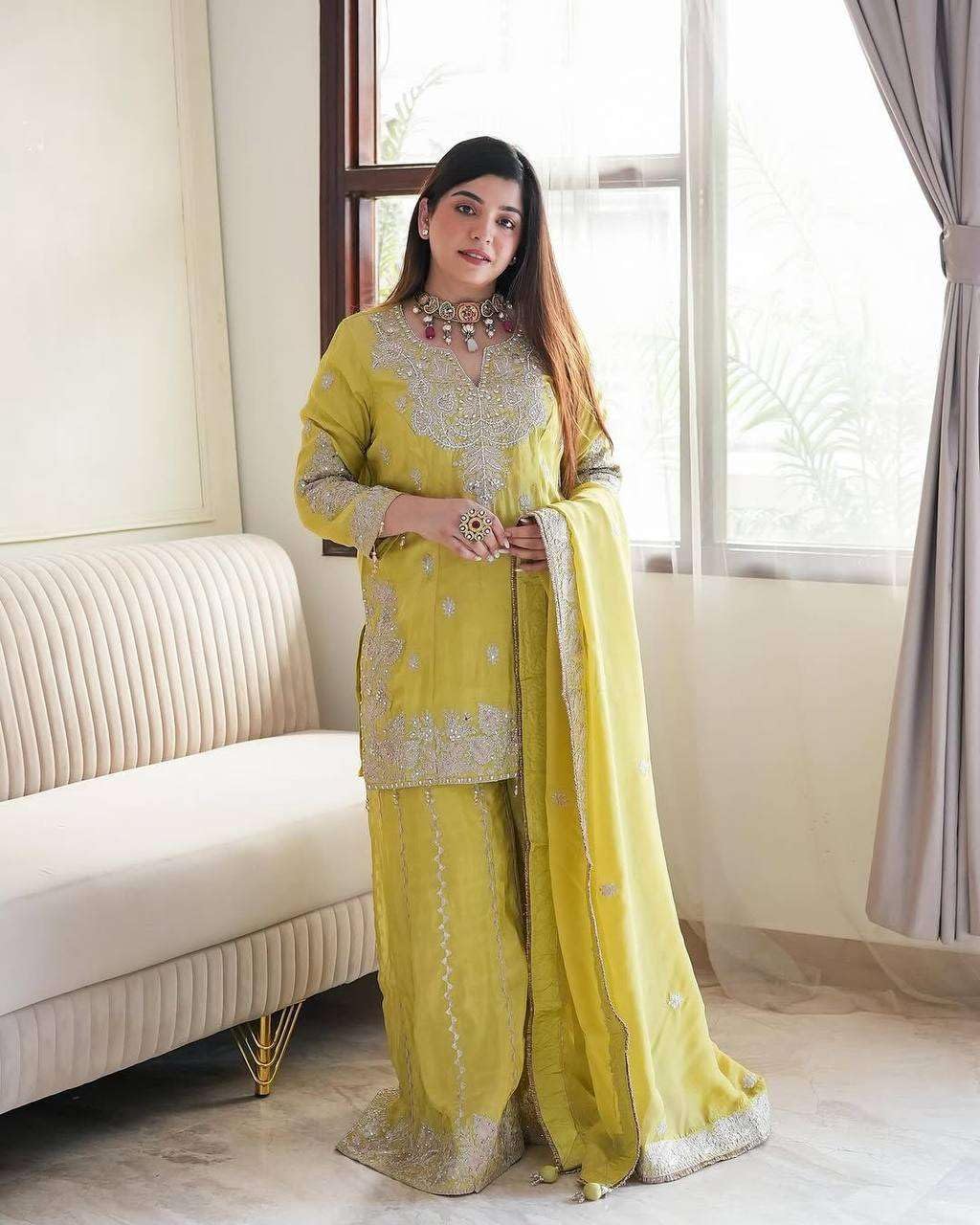 Women's Chinon Silk Embroidered Kurti With Sharara & Dupatta Set with Rivet Moti Work (BLACKLUXE CRAFTS) - BLACKLUXECRAFTS