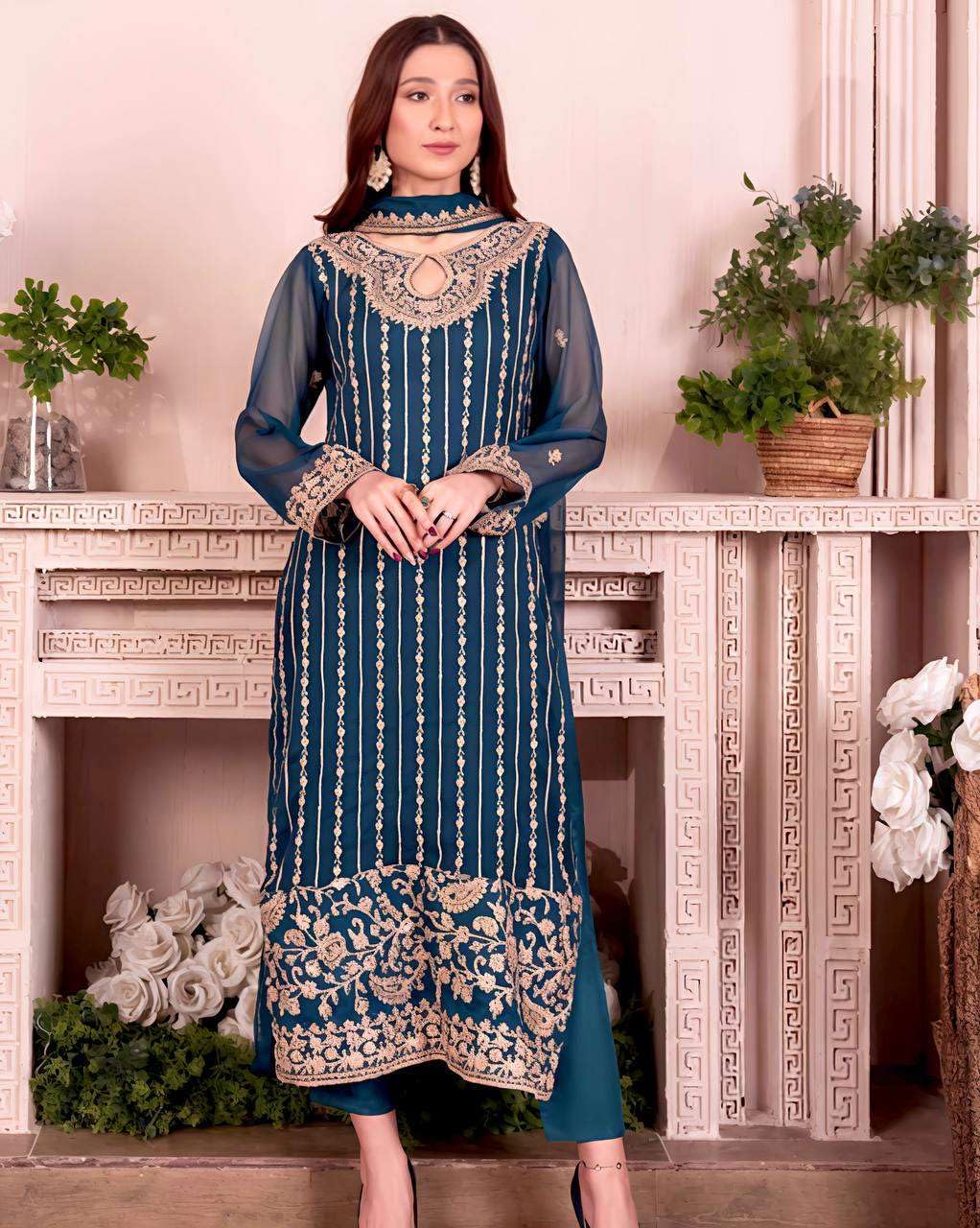 Teal Blue Straight Suit with Heavy Golden Embroidery & Dupatta | Designer Indian Pakistani Party Wear Dress for Women (BLACKLUXE CRAFTS) - BLACKLUXECRAFTS