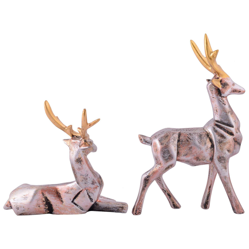 Silver Reindeer Couple Figurines with Golden Antlers – Modern Resin Deer Statues for Home Décor & Gifting (BLACKLUXE CRAFTS) - BLACKLUXECRAFTS