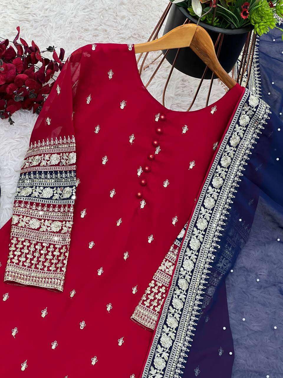 Women's Faux Georgette Embroidered Straight Kurti with Pant & Dupatta Set with Rivet Moti Work (BLACKLUXE CRAFTS) - BLACKLUXECRAFTS